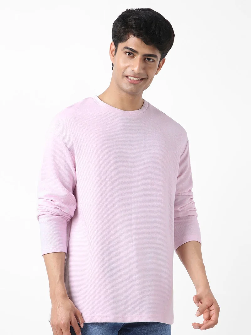 Urbano Fashion Men's Lavender Textured Round Neck Oversized Full Sleeve Cotton T-Shirt