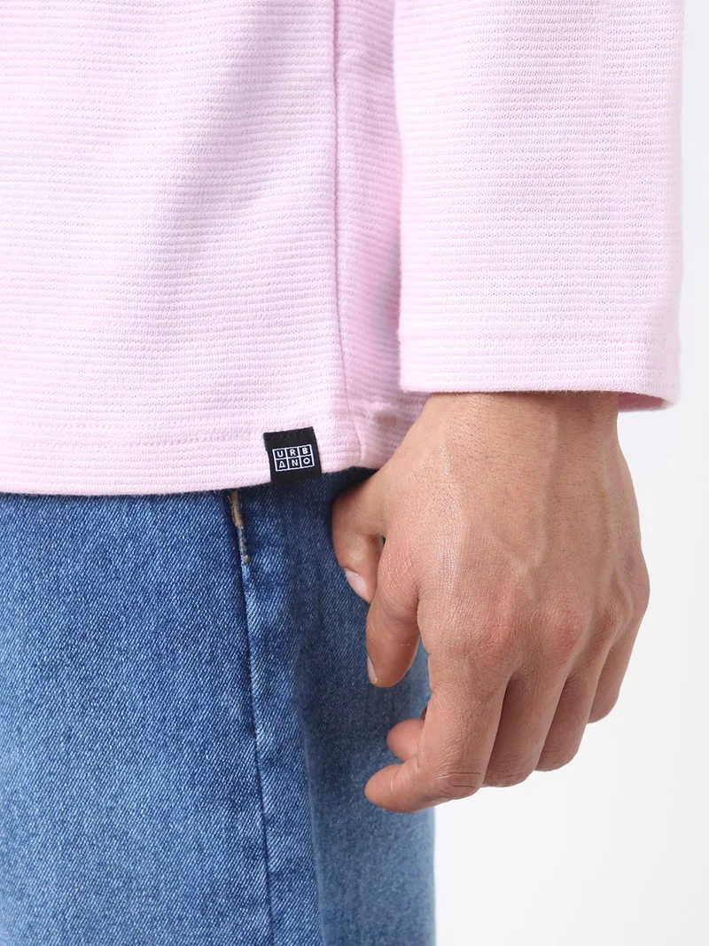 Urbano Fashion  Urbano Fashion Men's Lavender Textured Round Neck Oversized Full Sleeve Cotton T-Shirt  | Best Price UAE