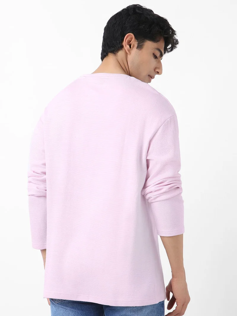 Urbano Fashion  Urbano Fashion Men's Lavender Textured Round Neck Oversized Full Sleeve Cotton T-Shirt  | Best Price UAE