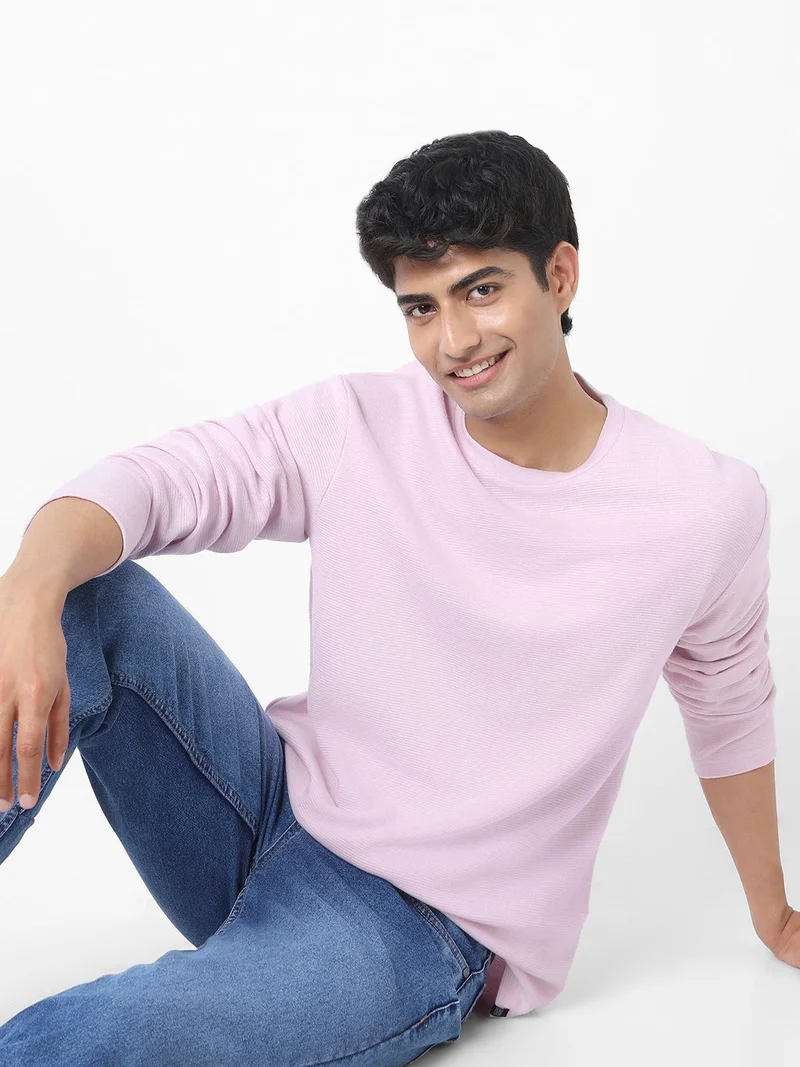 Urbano Fashion  Urbano Fashion Men's Lavender Textured Round Neck Oversized Full Sleeve Cotton T-Shirt  | Best Price UAE