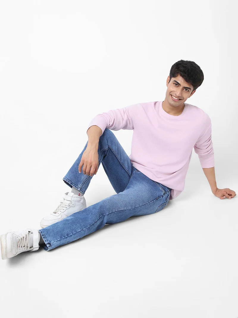 Urbano Fashion  Urbano Fashion Men's Lavender Textured Round Neck Oversized Full Sleeve Cotton T-Shirt  | Best Price UAE