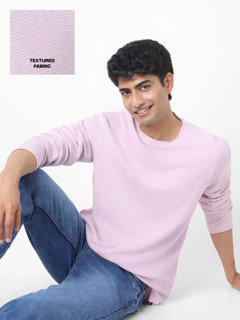 Urbano Fashion  Urbano Fashion Men's Lavender Textured Round Neck Oversized Full Sleeve Cotton T-Shirt  | Best Price UAE