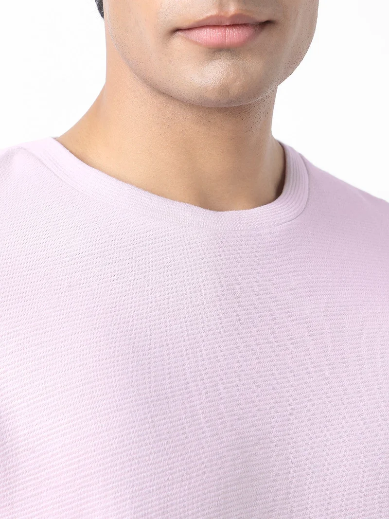 Urbano Fashion  Urbano Fashion Men's Lavender Textured Round Neck Oversized Full Sleeve Cotton T-Shirt  | Best Price UAE