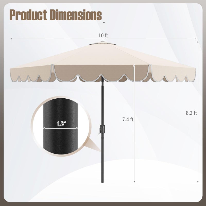 Tangkula 10 FT Patio Umbrella, 2-Tiers Scalloped Outdoor Table Market Umbrella with Tilt Adjustment, Crank, 8 Sturdy Ribs for Pool, Deck, Backyard (Beige) - Image 4
