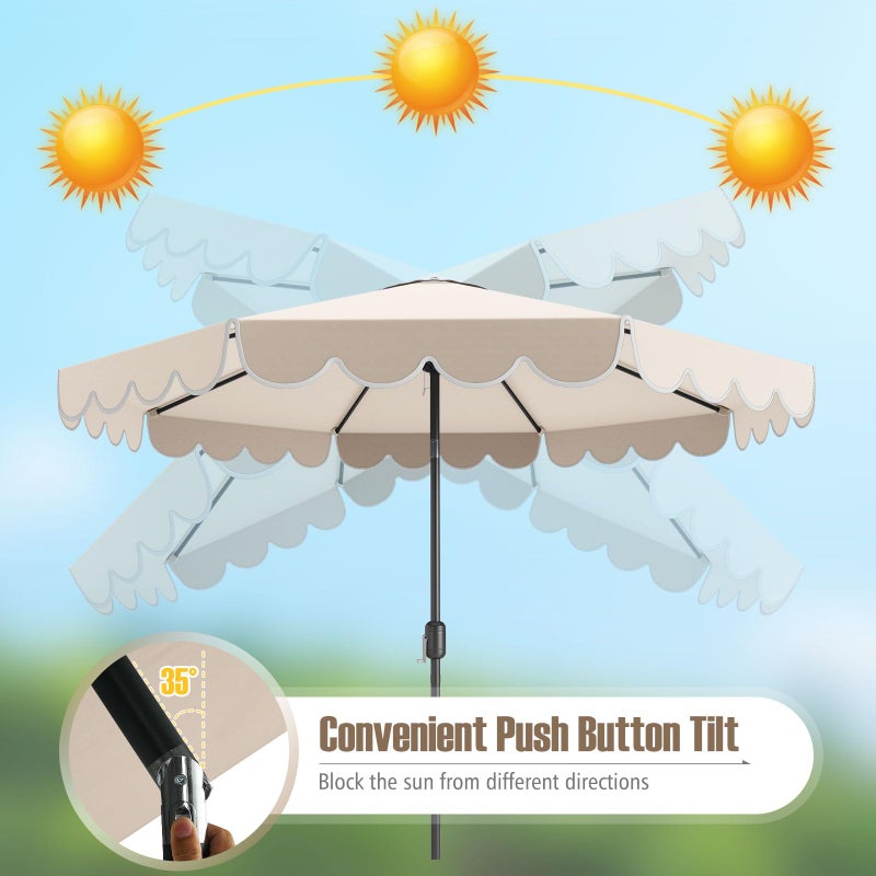 Tangkula 10 FT Patio Umbrella, 2-Tiers Scalloped Outdoor Table Market Umbrella with Tilt Adjustment, Crank, 8 Sturdy Ribs for Pool, Deck, Backyard (Beige) - Image 5