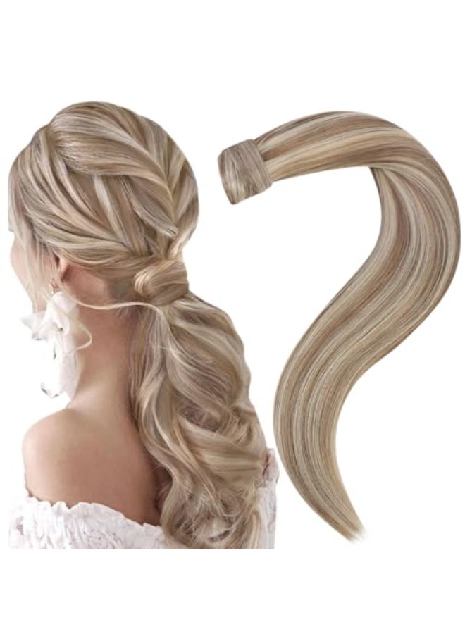 Easyouth Wrap Around Ponytail Extension Highlight Ponytail Extensions Human Hair Highlight Light Brown Mix Blonde Hair Ponytail Extension Long Straight Hair 20 Inch 80g - Image 1