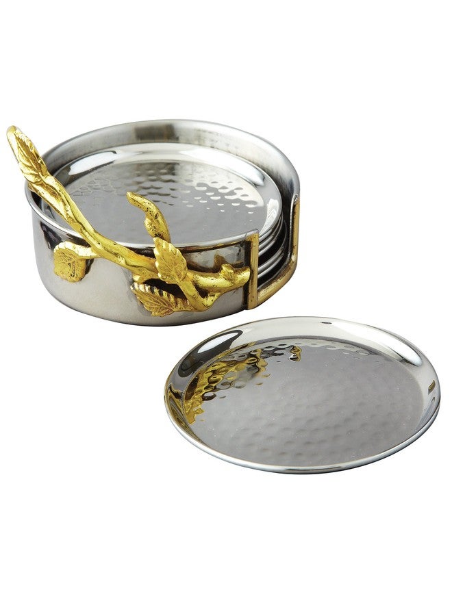 Elegance Golden Vine Hammered Coaster Set with Holder, 4", Silver/Gold - Image 1