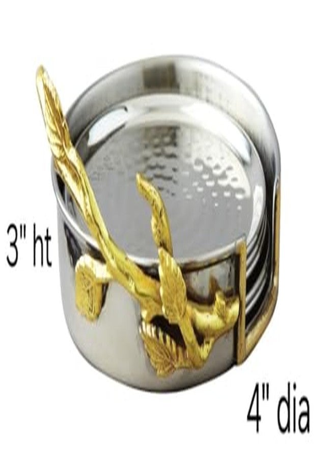 Elegance Golden Vine Hammered Coaster Set with Holder, 4", Silver/Gold - Image 2