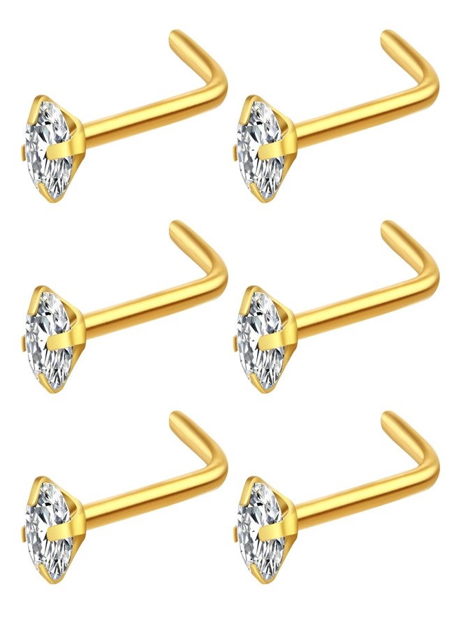 Fzroezz 6Pcs Nose Studs Nose Piercings Nose Rings Studs Nose Stud Nose Piercing Jewelry Nose Rings for Women Surgical Steel Nose Ring Gold 20G L Shaped Nose Jewelry 20 Gauge Stainless Steel Gold Nose Piercing Nose Piercings Stud 3mm Diamond CZ - Image 1