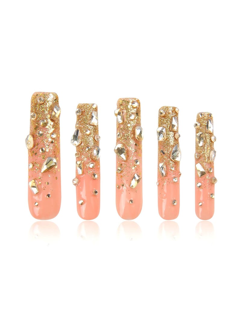 Lovful Gold Bling Press On Nails, Stunning Drill Glue On Nails, Luxury Fake Nails, Princess Nails | Handmade Nails l Fake Stick on nails | Square Long 2.2 in | H84(S) 