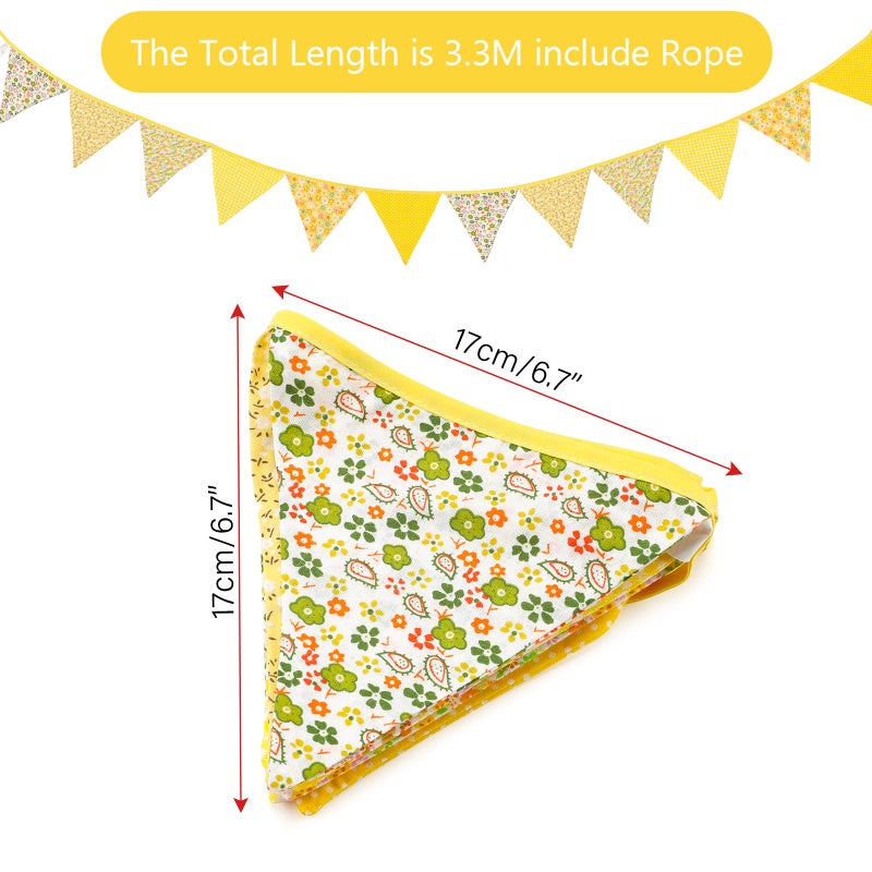 G2PLUS Double Sided Fabric Bunting Banner, Two Layer Triangle Floral Bunting, 3.3M with 12PCS Yellow Floral Pennants, Cotton Shabby Chic Garland for Bedroom Easter Tea Party Decorations - Image 2