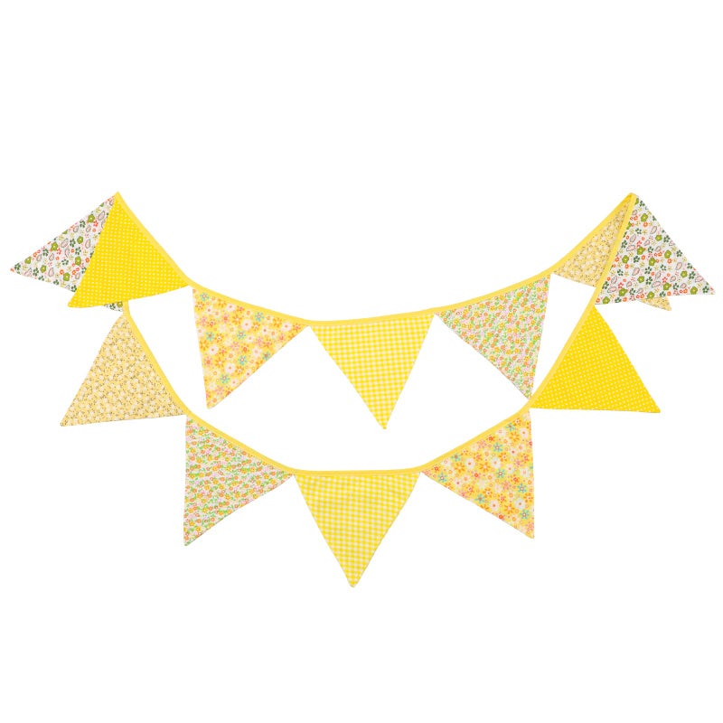 G2PLUS Double Sided Fabric Bunting Banner, Two Layer Triangle Floral Bunting, 3.3M with 12PCS Yellow Floral Pennants, Cotton Shabby Chic Garland for Bedroom Easter Tea Party Decorations - Image 1