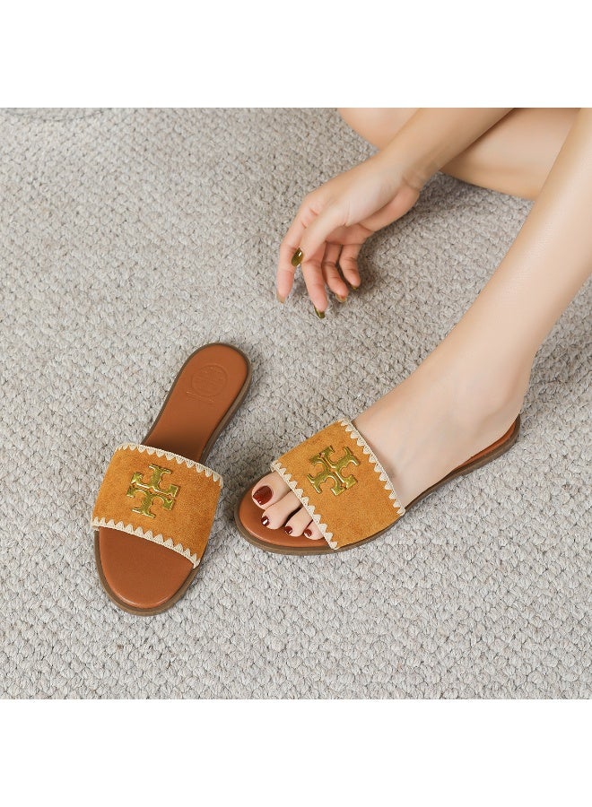 Tory Women's Tan Slide Sandals with Gold-Tone Logo and White Stitching - Image 2