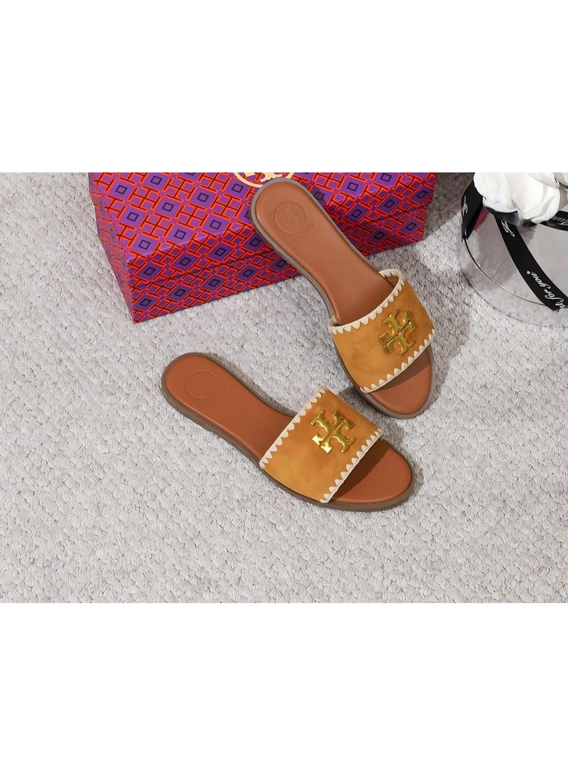 Tory Women's Tan Slide Sandals with Gold-Tone Logo and White Stitching - Image 3