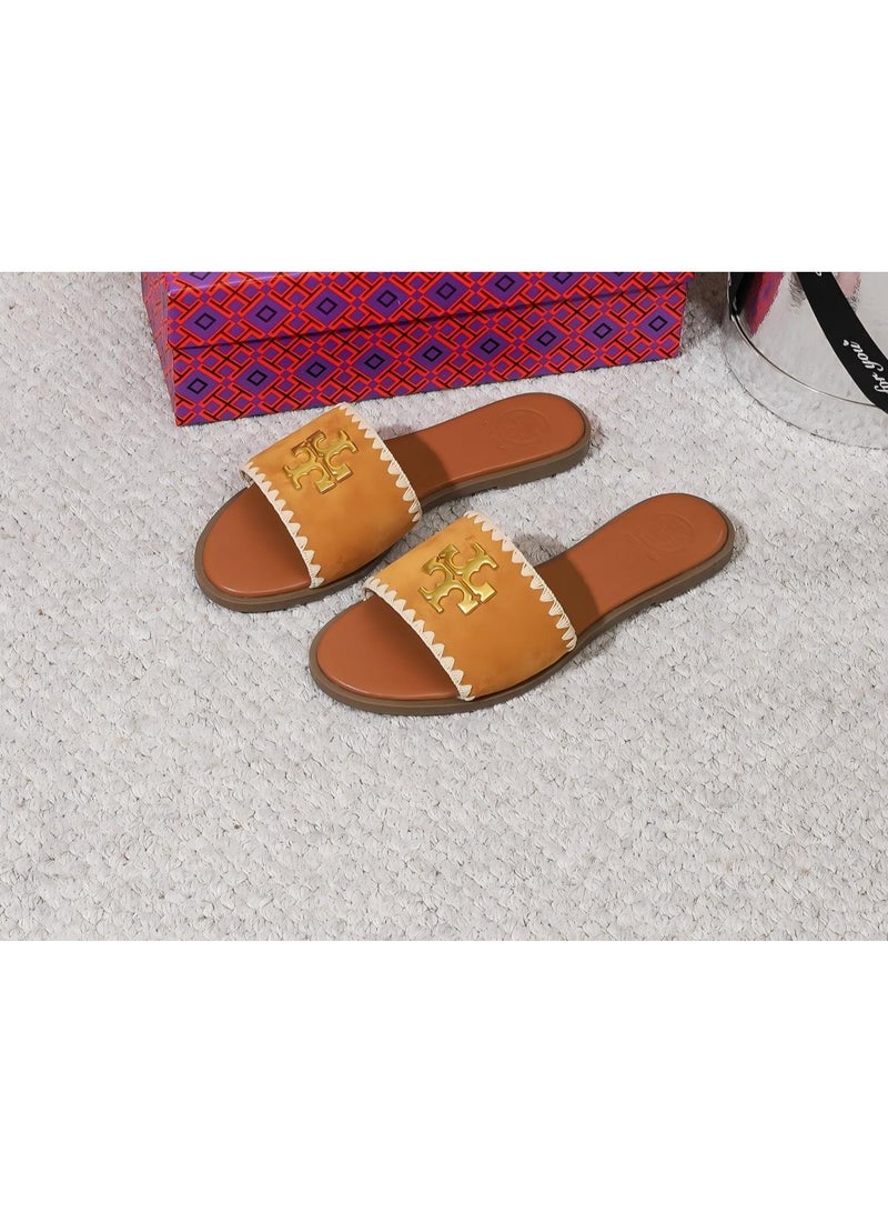 Tory Women's Tan Slide Sandals with Gold-Tone Logo and White Stitching - Image 1