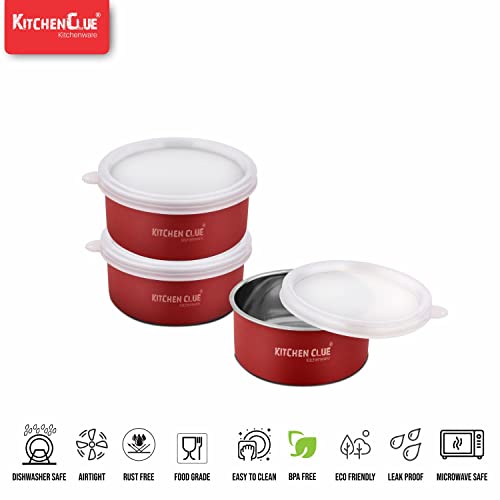 KITCHEN CLUE Stainless Steel Microwave Safe Lunch Containers For Kitchen I Red Set Of 10 Pcs, 300 ML I Steel Lunch Box For Office School I Kitchen Storage Bowls I AIRTIGHT & LEAK-PROOF (SET OF 10 PCS) - Image 3