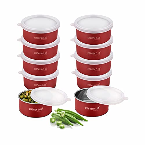 KITCHEN CLUE Stainless Steel Microwave Safe Lunch Containers For Kitchen I Red Set Of 10 Pcs, 300 ML I Steel Lunch Box For Office School I Kitchen Storage Bowls I AIRTIGHT & LEAK-PROOF (SET OF 10 PCS) - Image 1