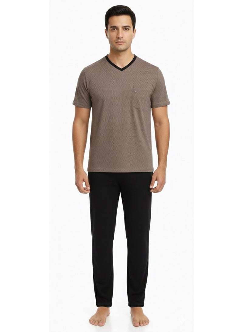 Men Summer Pajama Set Printed Top & Plain Bottom