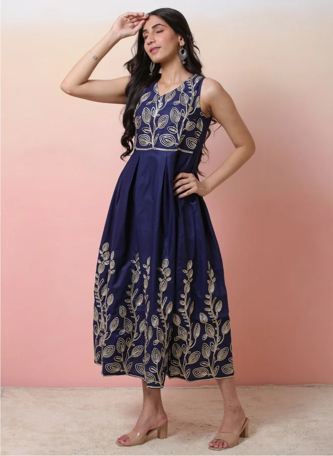 أيه كيه إس Navy Blue Embroidered Midi Dress for Women
