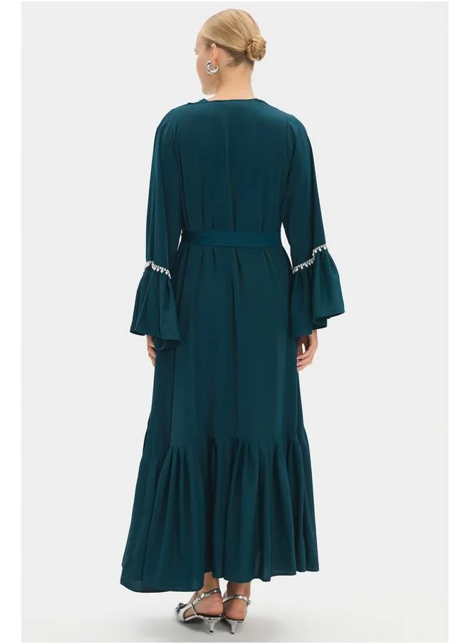 JUNE June Women Ruffle Detailed Stone Abaya Teal