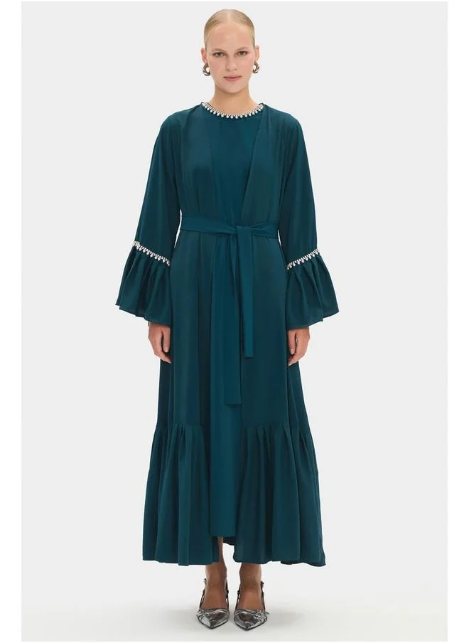 JUNE June Women Ruffle Detailed Stone Abaya Teal