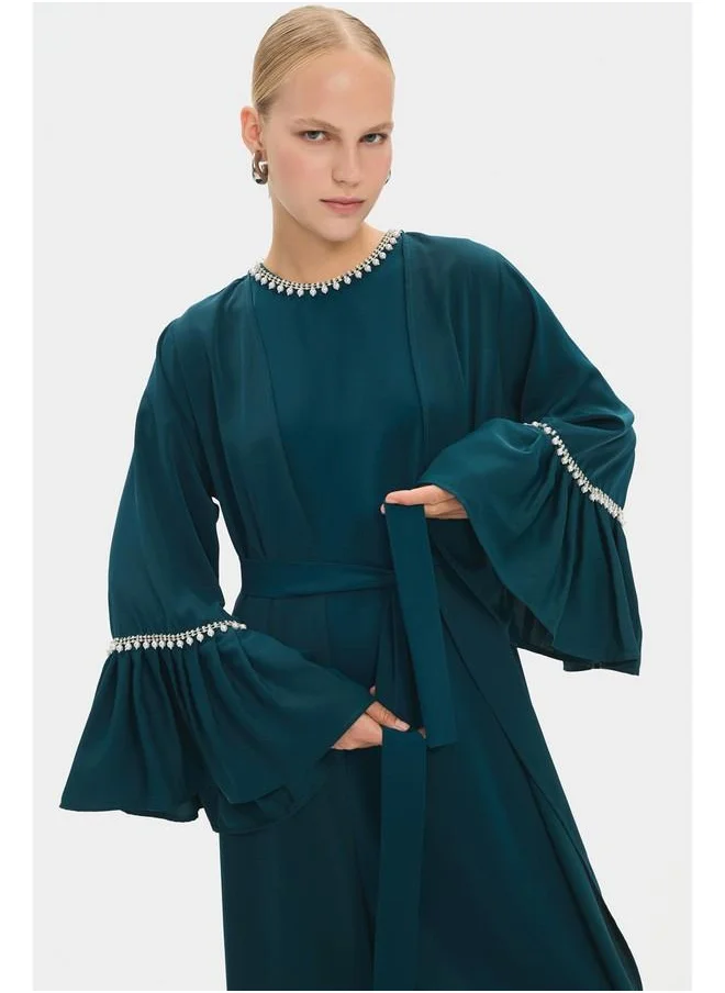JUNE June Women Ruffle Detailed Stone Abaya Teal