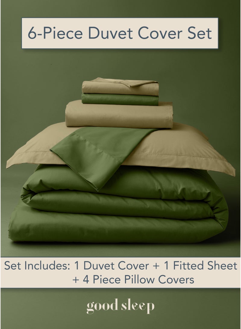 نوم جيد طقم لحاف فاخر مزدوج الألوان قابل للعكس – ماتشا وأبيض | 6 قطع بحجم كينغ (220×240 سم) | ألياف دقيقة ناعمة | صناعة دبي | يشمل غطاء لحاف بسحّاب، ملاءة مطاطية و4 أغطية وسادة - Image 1