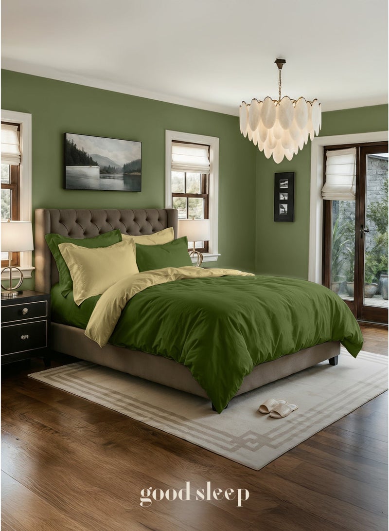 نوم جيد طقم لحاف فاخر مزدوج الألوان قابل للعكس – ماتشا وأبيض | 6 قطع بحجم كينغ (220×240 سم) | ألياف دقيقة ناعمة | صناعة دبي | يشمل غطاء لحاف بسحّاب، ملاءة مطاطية و4 أغطية وسادة - Image 3