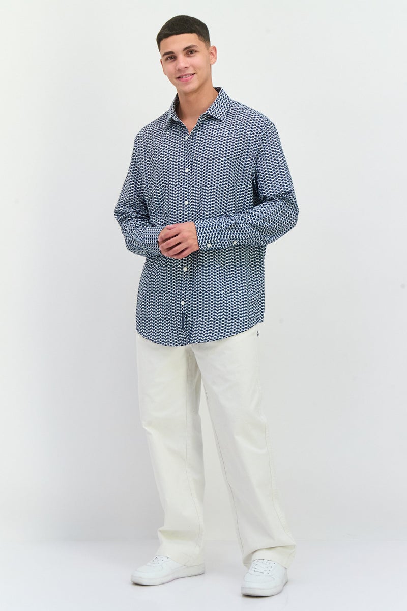 PERRY ELLIS Men Stretch Fit Long Sleeve All Over Print Casual Shirt, Navy - Image 4