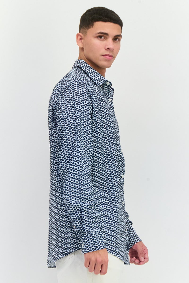 PERRY ELLIS Men Stretch Fit Long Sleeve All Over Print Casual Shirt, Navy - Image 2