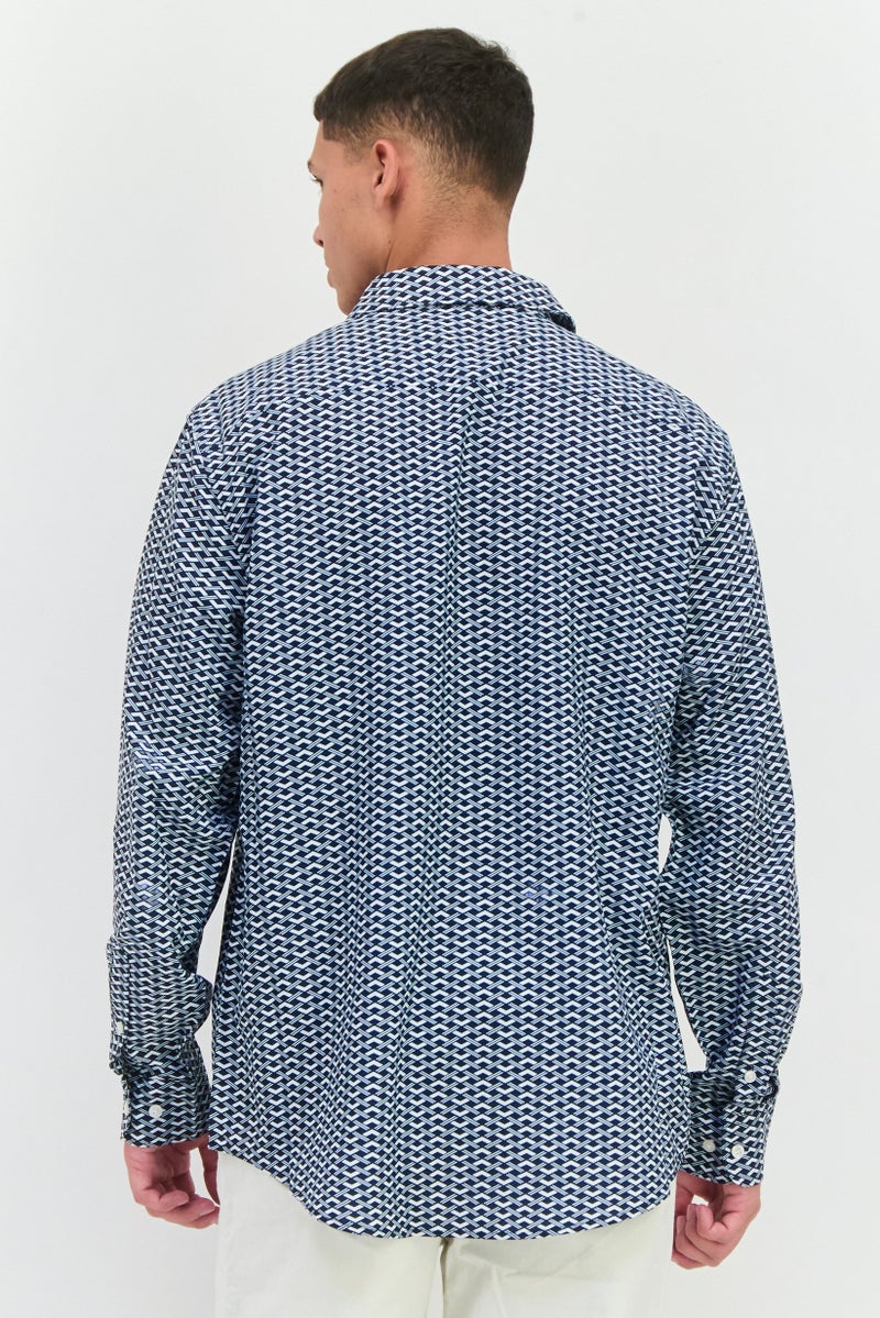 PERRY ELLIS Men Stretch Fit Long Sleeve All Over Print Casual Shirt, Navy - Image 3