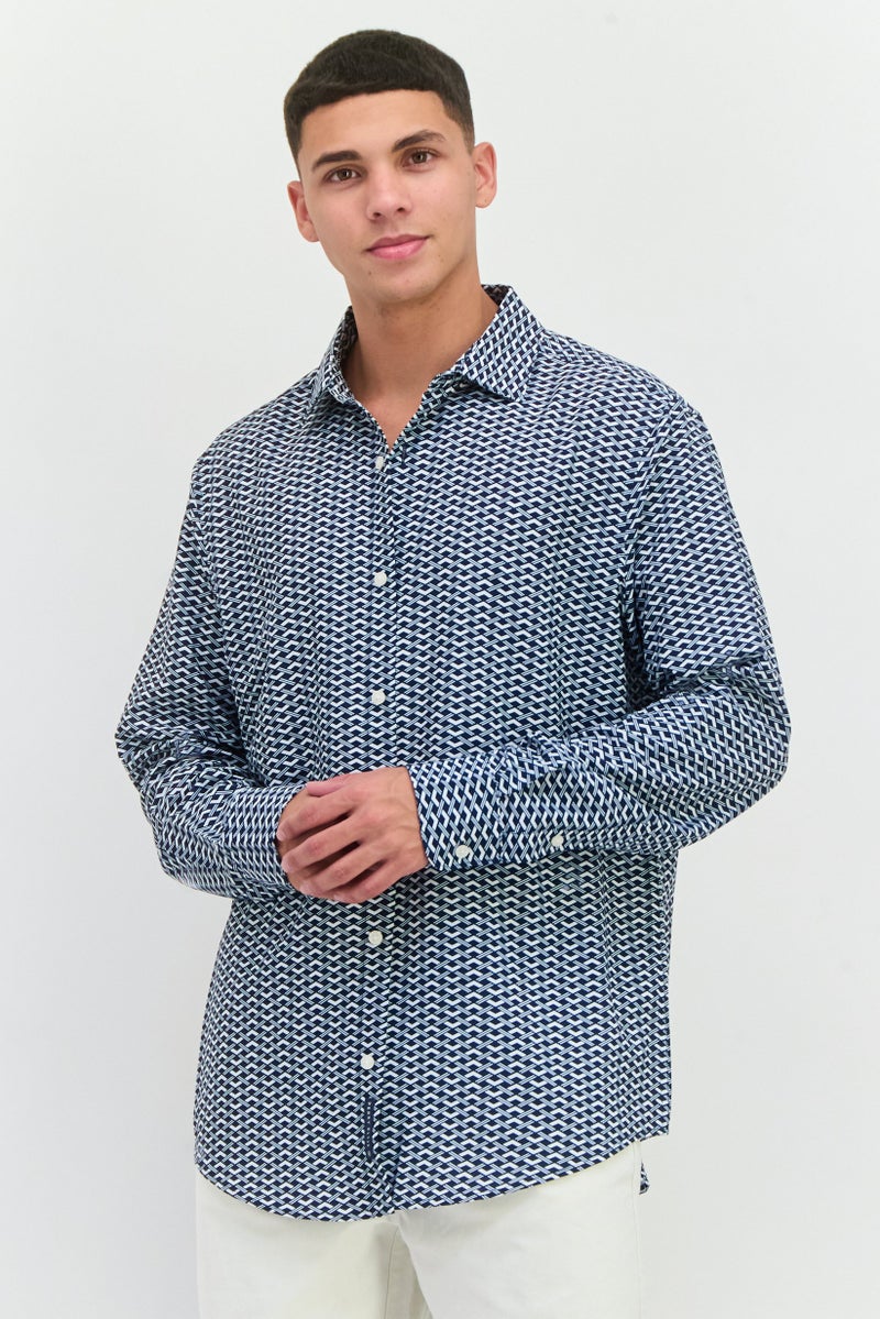 PERRY ELLIS Men Stretch Fit Long Sleeve All Over Print Casual Shirt, Navy - Image 1