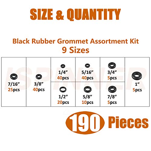 ISPINNER 190pcs Rubber Grommet Assortment Kit, 9 Sizes Eyelet Ring Gasket 1/4" 5/16" 3/8" 7/16" 1/2" 5/8" 3/4" 7/8" 1" (Black) - Image 2