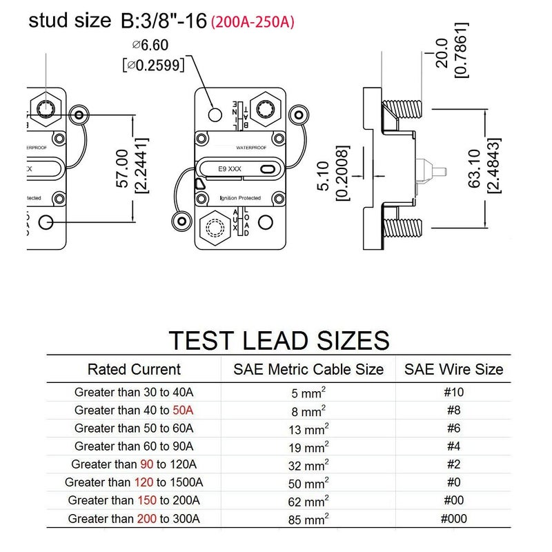T Tocas Hi-Amp 3/8 Studs 250 Amp قواطع دوائر مع إعادة ضبط يدوية قابلة للتبديل لبطارية صوت السيارة البحرية والقوارب الشمسية IP67 UL Certified12V - 48V DC (250a) - Image 5