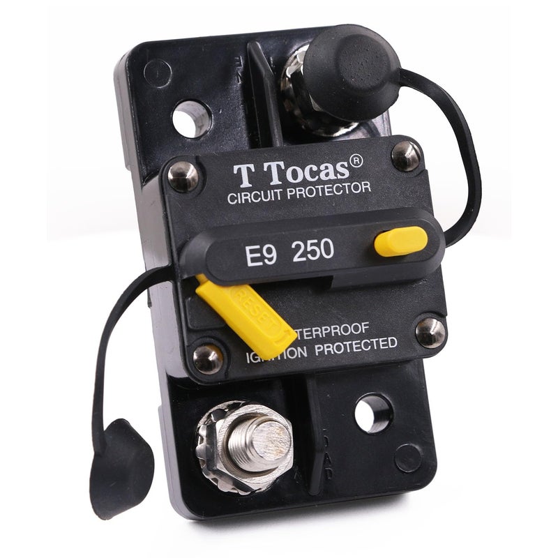 T Tocas Hi-Amp 3/8 Studs 250 Amp قواطع دوائر مع إعادة ضبط يدوية قابلة للتبديل لبطارية صوت السيارة البحرية والقوارب الشمسية IP67 UL Certified12V - 48V DC (250a) - Image 1