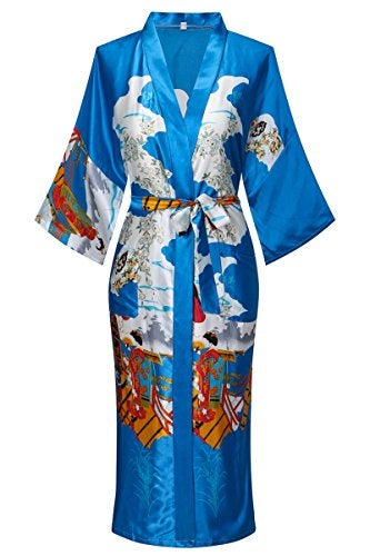 Dandychic Women's Kimono Robes Pagoda Print Kimono Imitation Silk Long Style Small Blue - Image 1