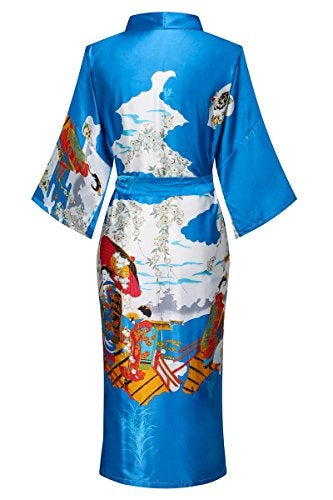 Dandychic Women's Kimono Robes Pagoda Print Kimono Imitation Silk Long Style Small Blue - Image 2