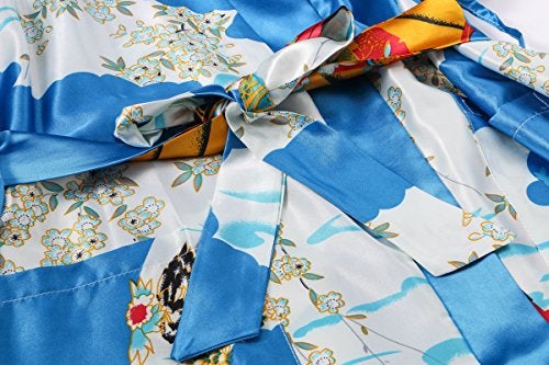 Dandychic Women's Kimono Robes Pagoda Print Kimono Imitation Silk Long Style Small Blue - Image 3