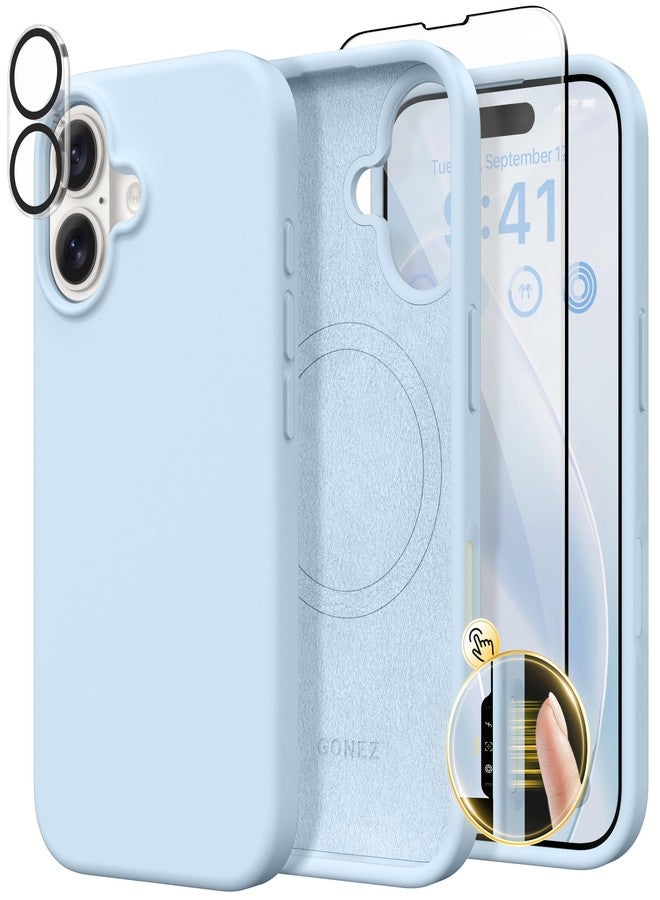 غونيز جراب GONEZ المغناطيسي لهاتف iPhone 16، متوافق مع MagSafe، [واقي شاشة + واقي عدسة الكاميرا]، جراب حماية من السيليكون السائل مقاوم للصدمات لهاتف iPhone 16 مقاس 6.1 بوصة، أزرق - Image 1