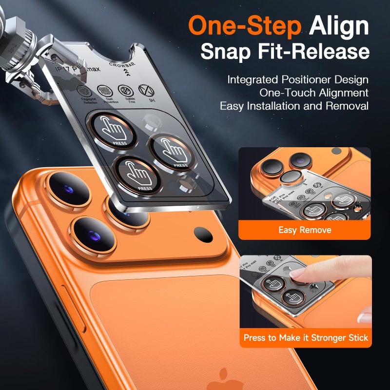 LK for iPhone 17 Pro/17 Pro Max Camera Lens Protector [Top 9H+ Military Grade Shatterproof] One-Click Installation, Ultra-Tough HD, Individual Lens Protectors Scratch-resistant, Cosmic Orange - Image 3