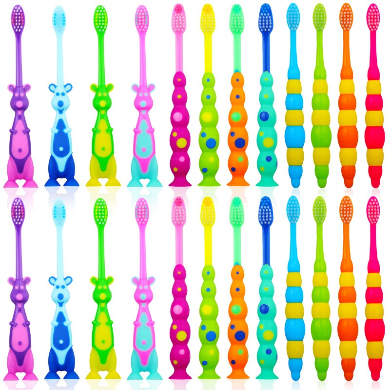 Lauwell Toddler Toothbrush Pack - 24 Pieces, Soft Bristle Animal Toothbrushes with Covers, Suction Cup, Sensitive Teeth - Image 1