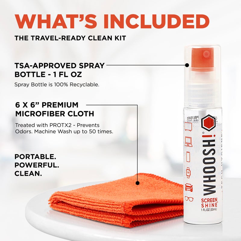 WHOOSH! Screen Shine Go - 1 fl oz Refillable Screen Cleaner Kit with Microfiber Cloth for MacBook, Phone, iPad & Eyeglasses - Powerful Streak-Free Cleaning - Pocket-Sized, TSA-Approved for Travel - Image 3
