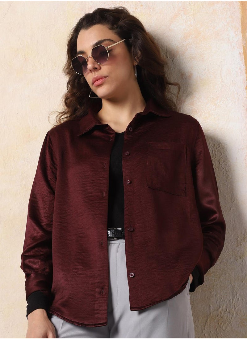 HIGH STAR Women Boxy Opaque Textured Satin Casual Shirt  - Image 1