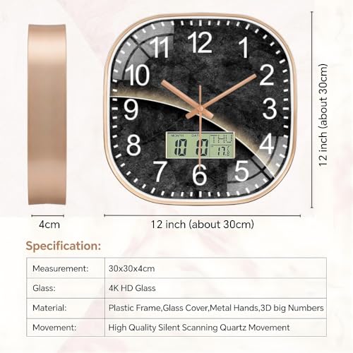 Ash  Roh Ash & Roh 12 Inch Silent Quatrz and Non-Ticking Wall Clock with Easy to Read Number and Analog Display Stylish & Decorative Design for Office, Living Room, Bedroom (Black Stone Digital Square) - Image 5