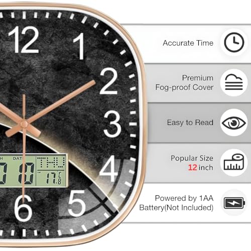 Ash  Roh Ash & Roh 12 Inch Silent Quatrz and Non-Ticking Wall Clock with Easy to Read Number and Analog Display Stylish & Decorative Design for Office, Living Room, Bedroom (Black Stone Digital Square) - Image 4