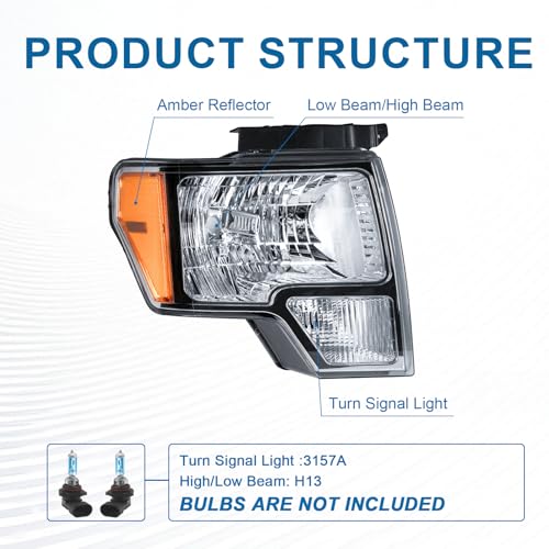 Fullux Headlights for 2009-2014 Ford F150 Pickup F-150 2010 2011 2012 2013 Amber Reflector Chrome Housing - Image 3