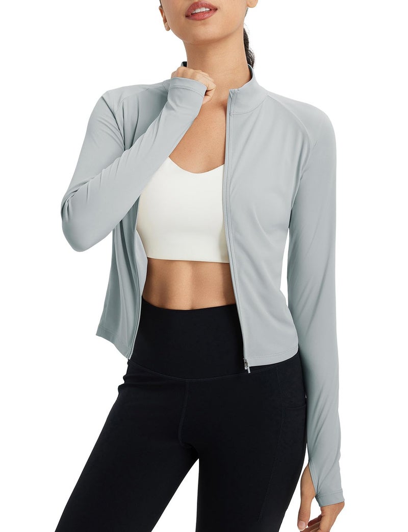 baleaf Womens UPF 50 Sun Crop Shirt with Pockets Full Zip Cooling Quick Dry Long Sleeve Jacket for Golf Hiking Light Gray M - Image 2