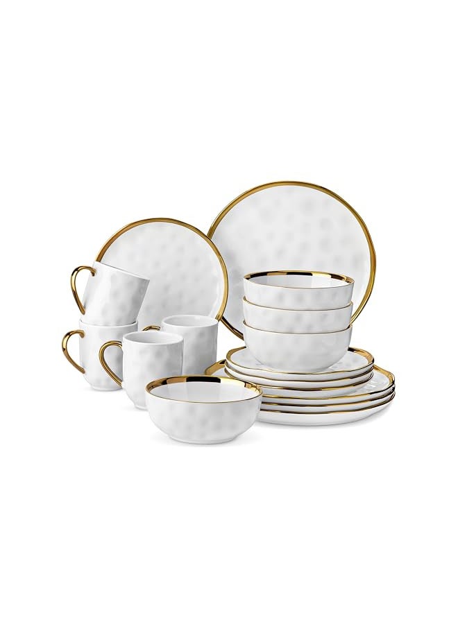 LOVECASA White and Gold Dinnerware Sets, Stoneware Dish Set for 4, 16 Piece Kitchen Plates and Bowls Sets, Handmade Dinner Set with Gold Trim - Image 1