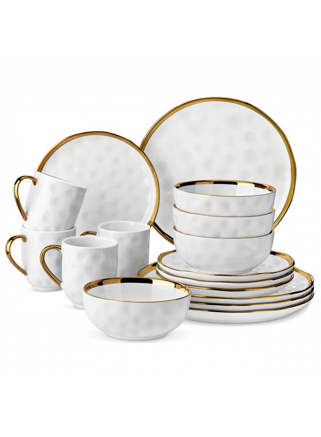 LOVECASA White and Gold Dinnerware Sets, Stoneware Dish Set for 4, 16 Piece Kitchen Plates and Bowls Sets, Handmade Dinner Set with Gold Trim - Image 2