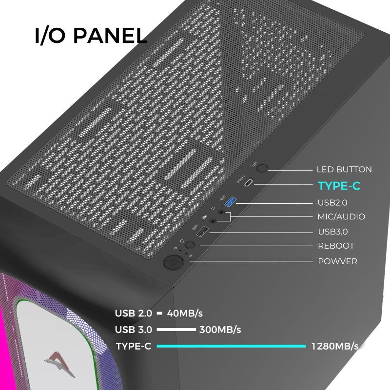 ALSEYE Ai-Pro Black E-ATX Gaming PC Case with Pre-Installed Halo-Pro ARGB Fan LED Strip in Front Panel Tempered Glass Side Panel Supports for 7x120mm Fans & 360mm Radiators (Black) - Image 5